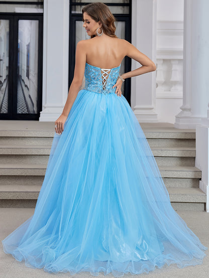 Luxury Crystal Hand Beading Formal Evening Dresses Long Ball Gown Tulle Homecoming Prom Party Gowns For Teens Strapless Lace Up Back Prom Dresses Long Floor Length MyFave Boutique