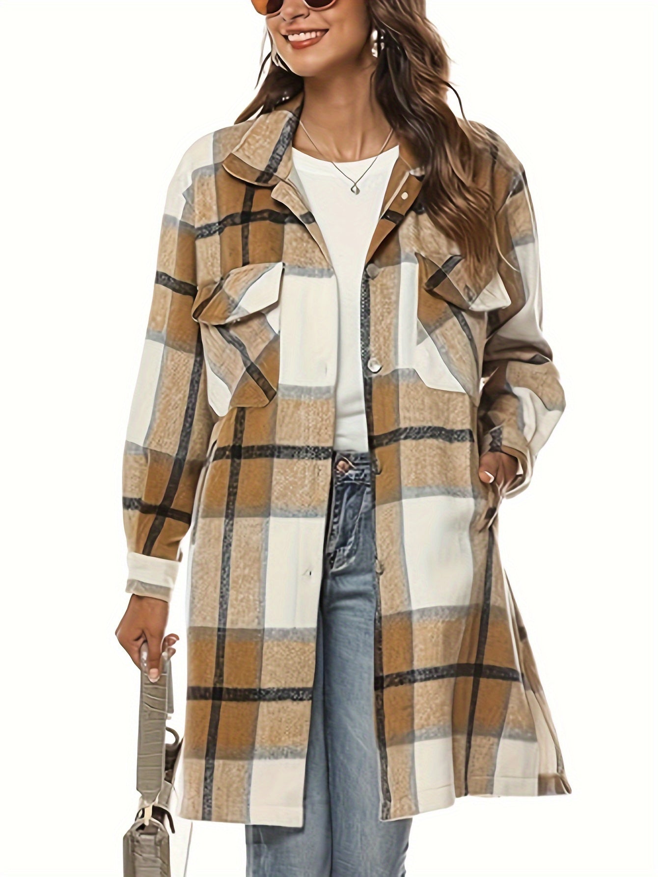 Plaid Print Button Up Shirt Jacket, Casual Turndown Collar Mid Length Outwear With Pocket, Women's Clothing MyFave Boutique