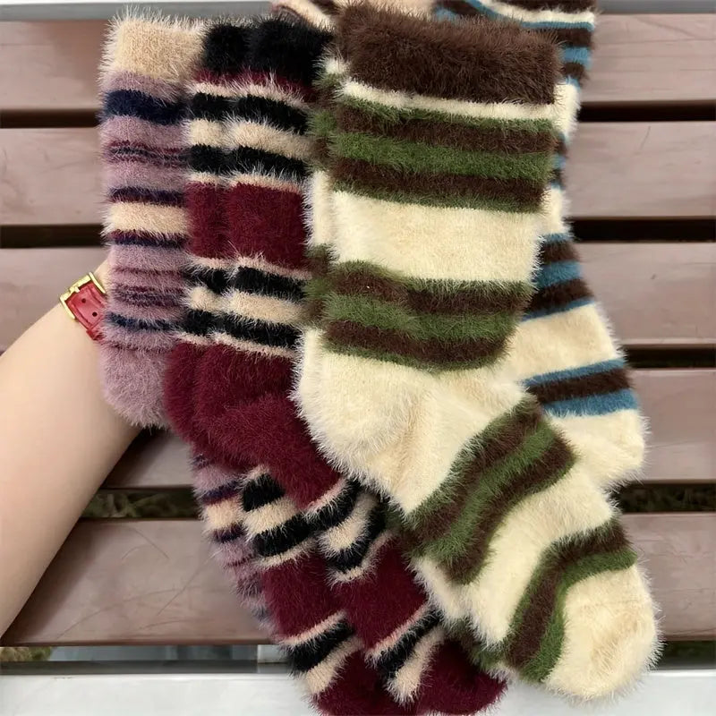 5 Pairs Striped Fluffy Crew Socks, Thick Warm Soft Mid Tube Socks For Fall & Winter, Women's Stockings & Hosiery MyFave Boutique