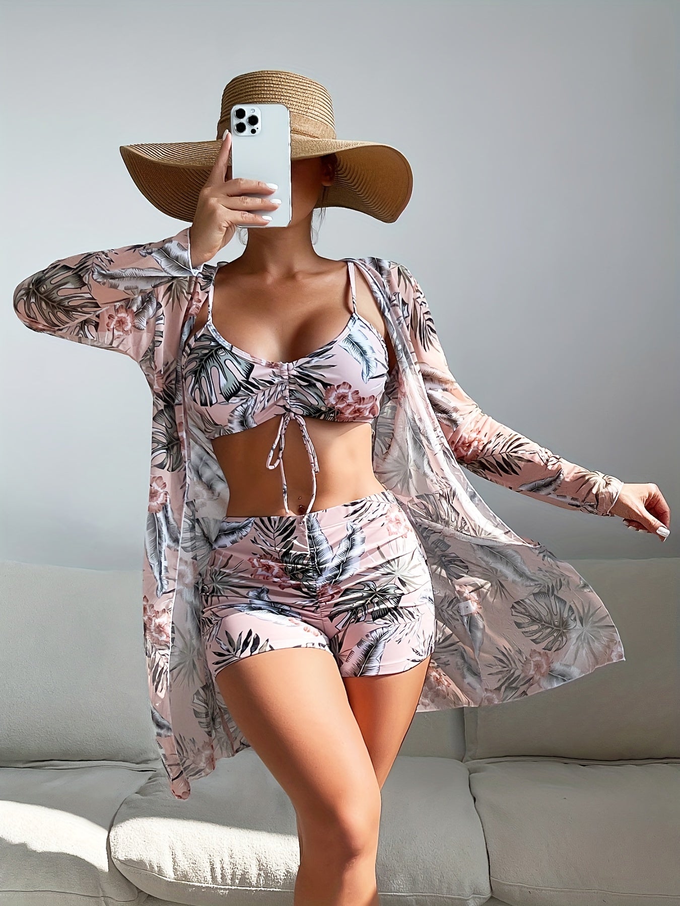 3-pieces Women's Geometric Print Bikini Set with Boxer Short Bottom and Cover Shirt - Long Sleeve Swimsuit for Valentine's Day MyFave Boutique