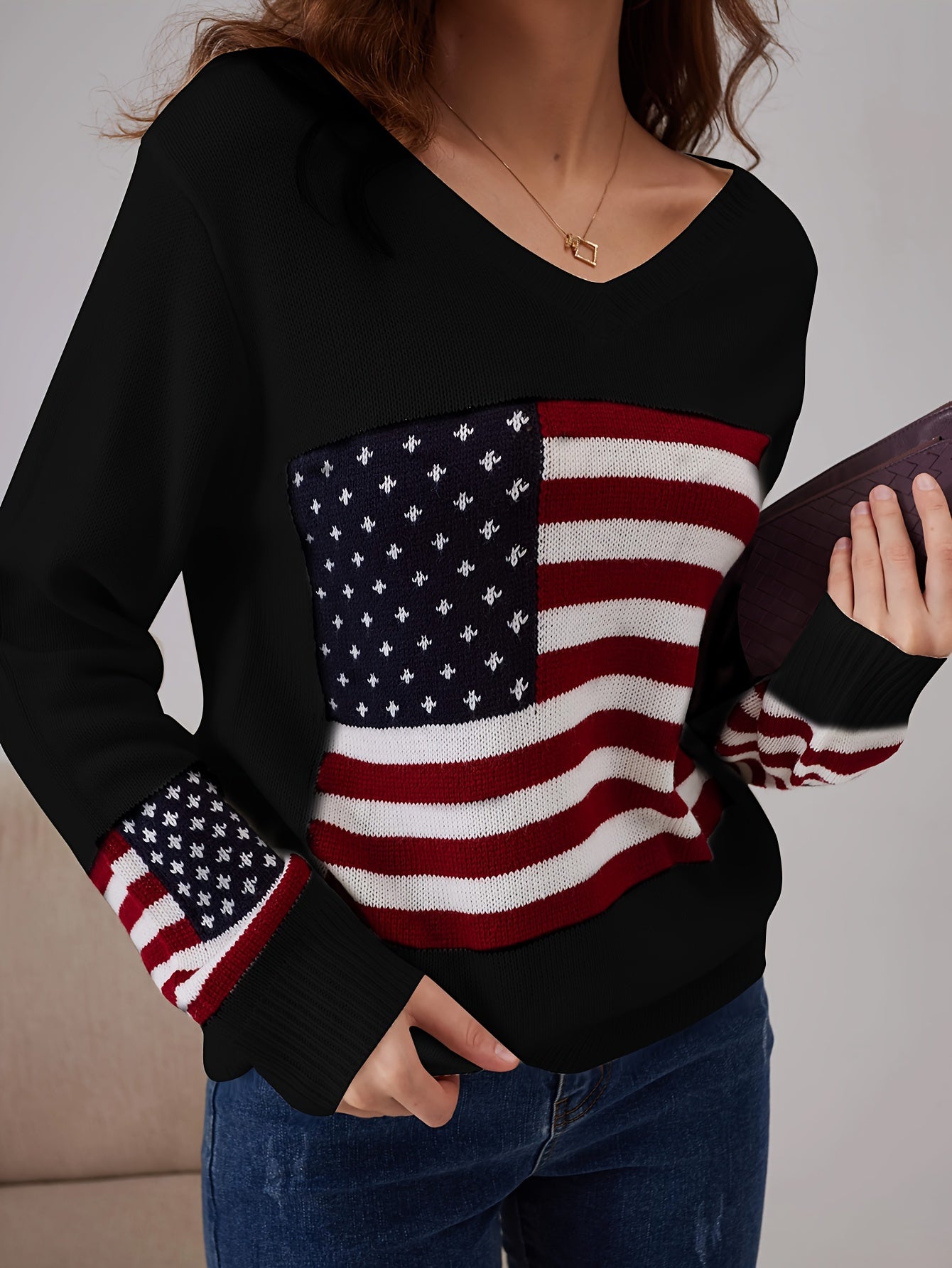 American Flag Print V Neck Sweater, Casual Long Sleeve Sweater For Spring & Fall, Women's Clothing MyFave Boutique