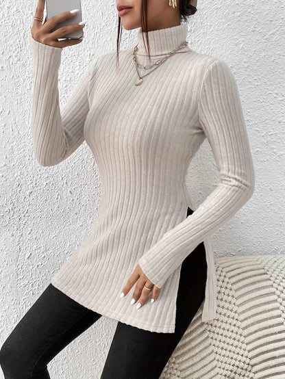 Elegant Split Long Sleeve Turtle Neck Rib Knit T-Shirt for Women MyFave Boutique