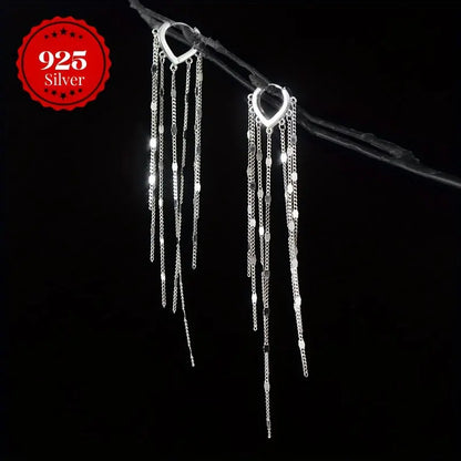 S925 Sterling Silver Ear Buckle Heart-Shaped Long Tassel Earrings, Elegant Fashionable Jewelry MyFave Boutique