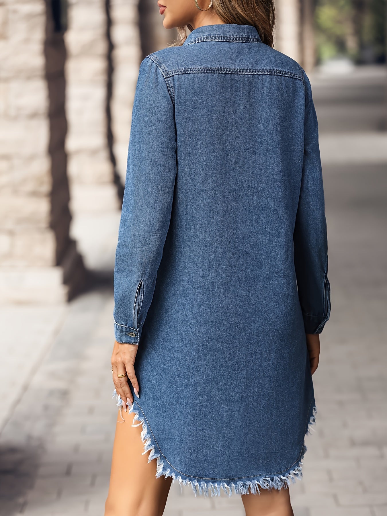 Women's Ripped Raw Hem Long Sleeve Single-breasted Elegant Plain Washed Blue Fashion Denim Dress MyFave Boutique