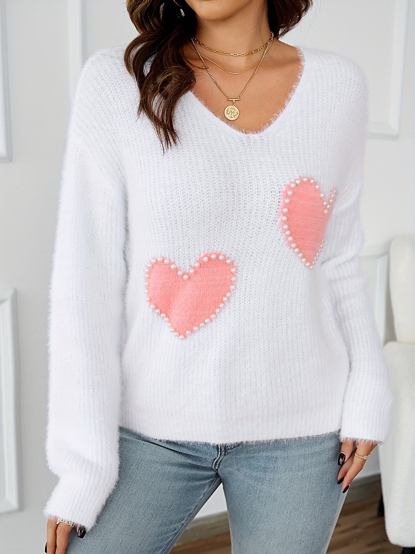 Cozy Heart Pattern Beaded Knit Sweater - Elegant Fuzzy V Neck Women's Clothing MyFave Boutique