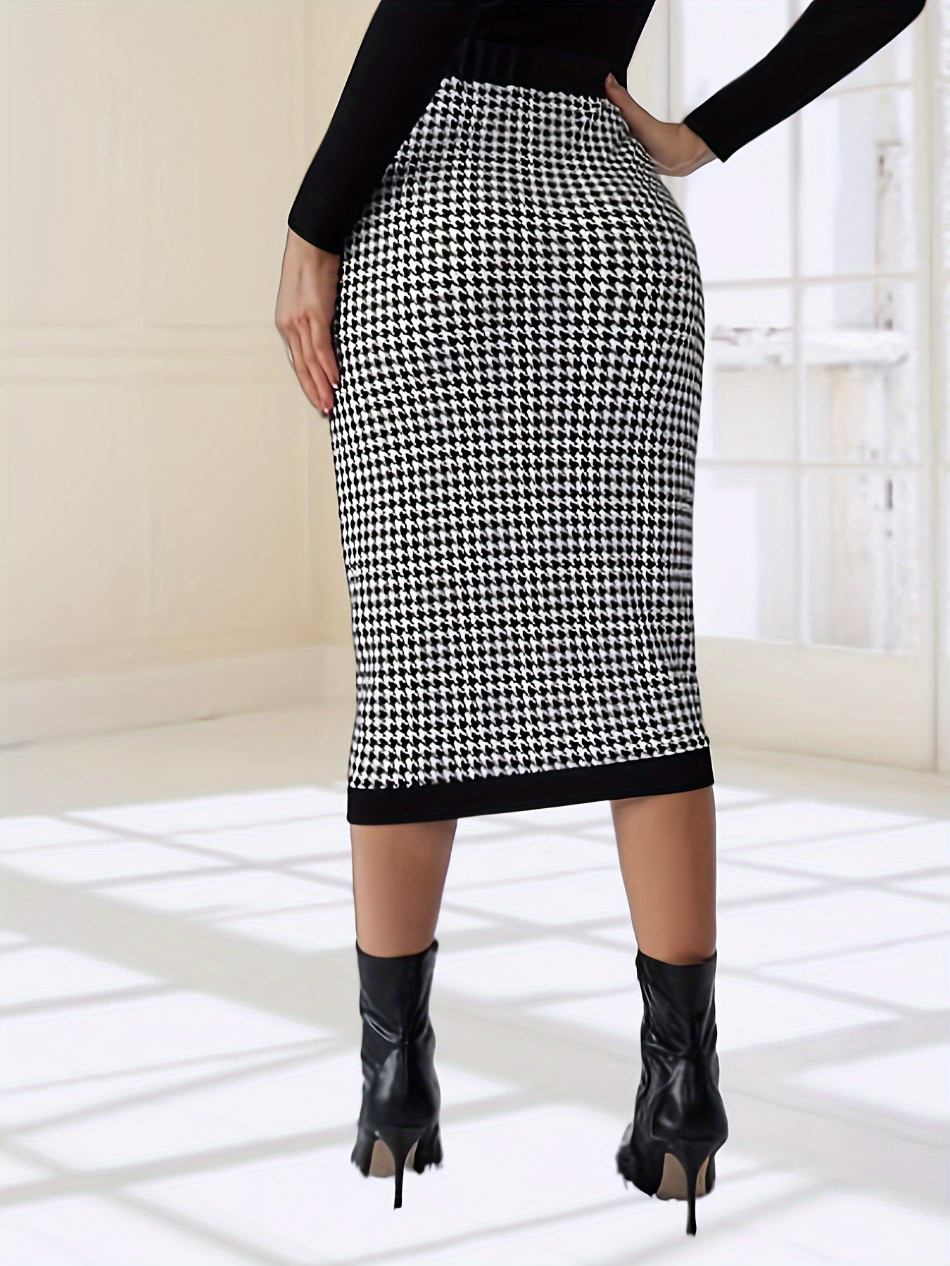 Elegant Houndstooth Print High Waist Midi Skirt - Flattering Bodycon Fit for Women's Fashion MyFave Boutique