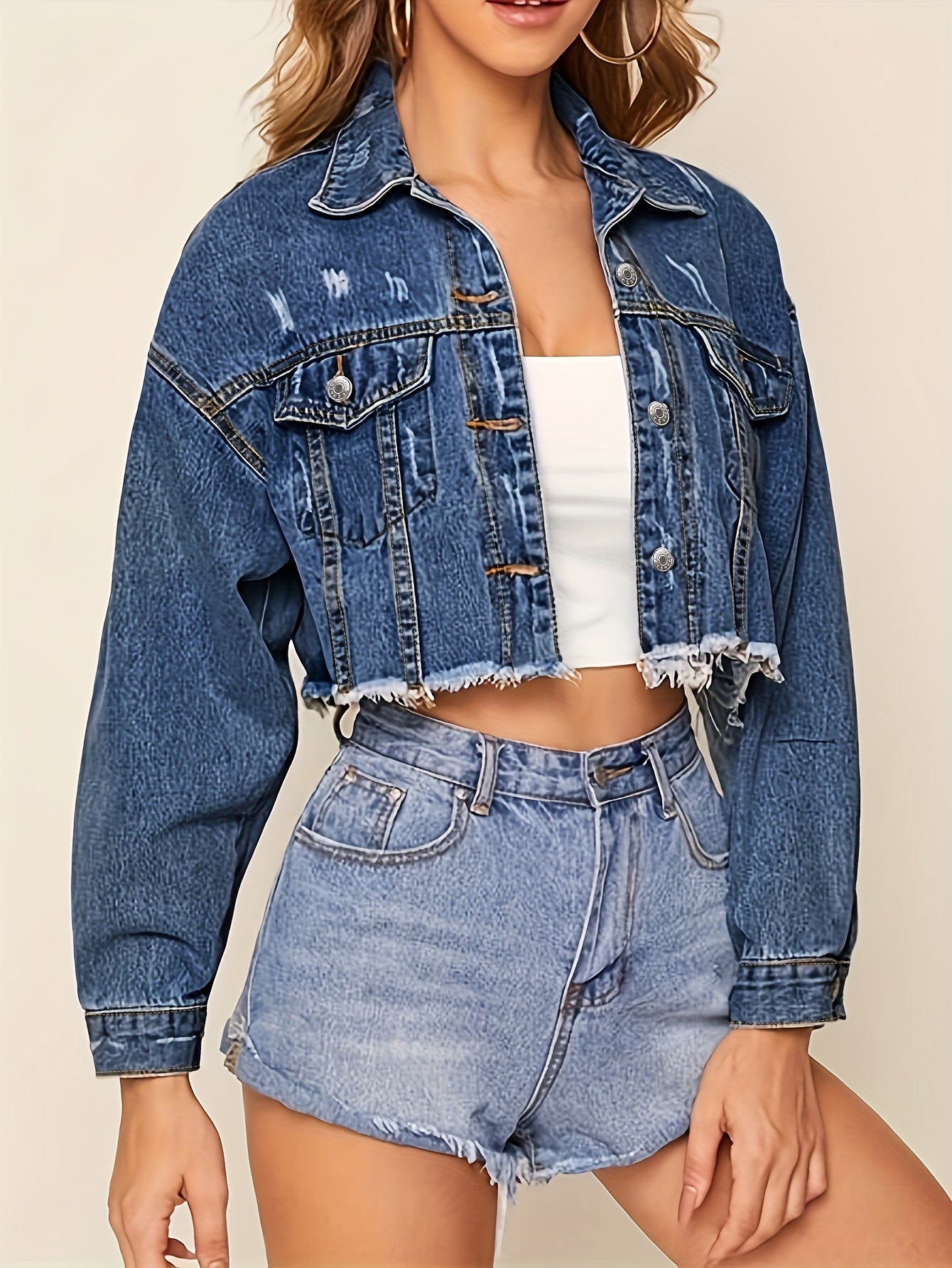 Fashion Trend Women's Short All-in-one Slim Denim Jacket With Raw Edge MyFave Boutique