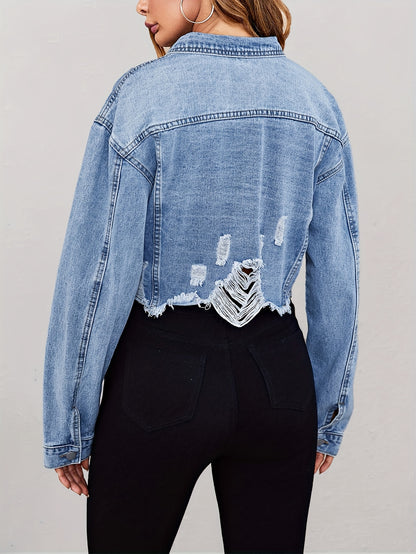 Sexy fashion women's beaded short denim jacket with ripped raw edges MyFave Boutique