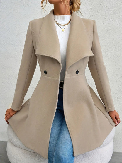 Double-breasted A-line Lapel Coat, Elegant Solid Long Sleeve Longline Coat For Fall & Winter, Women's Clothing MyFave Boutique