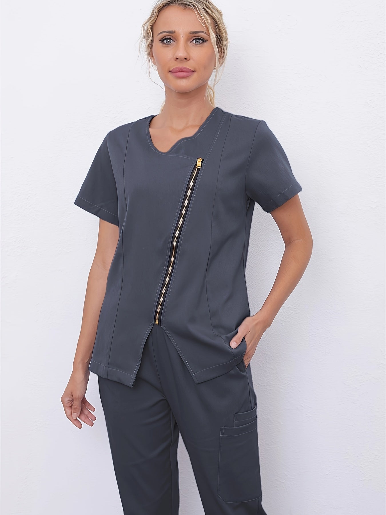 Short Sleeve V-neck Zipper Top, Comfortable & Functional Health Care Uniform For Nurse, Women's Clothing MyFave Boutique