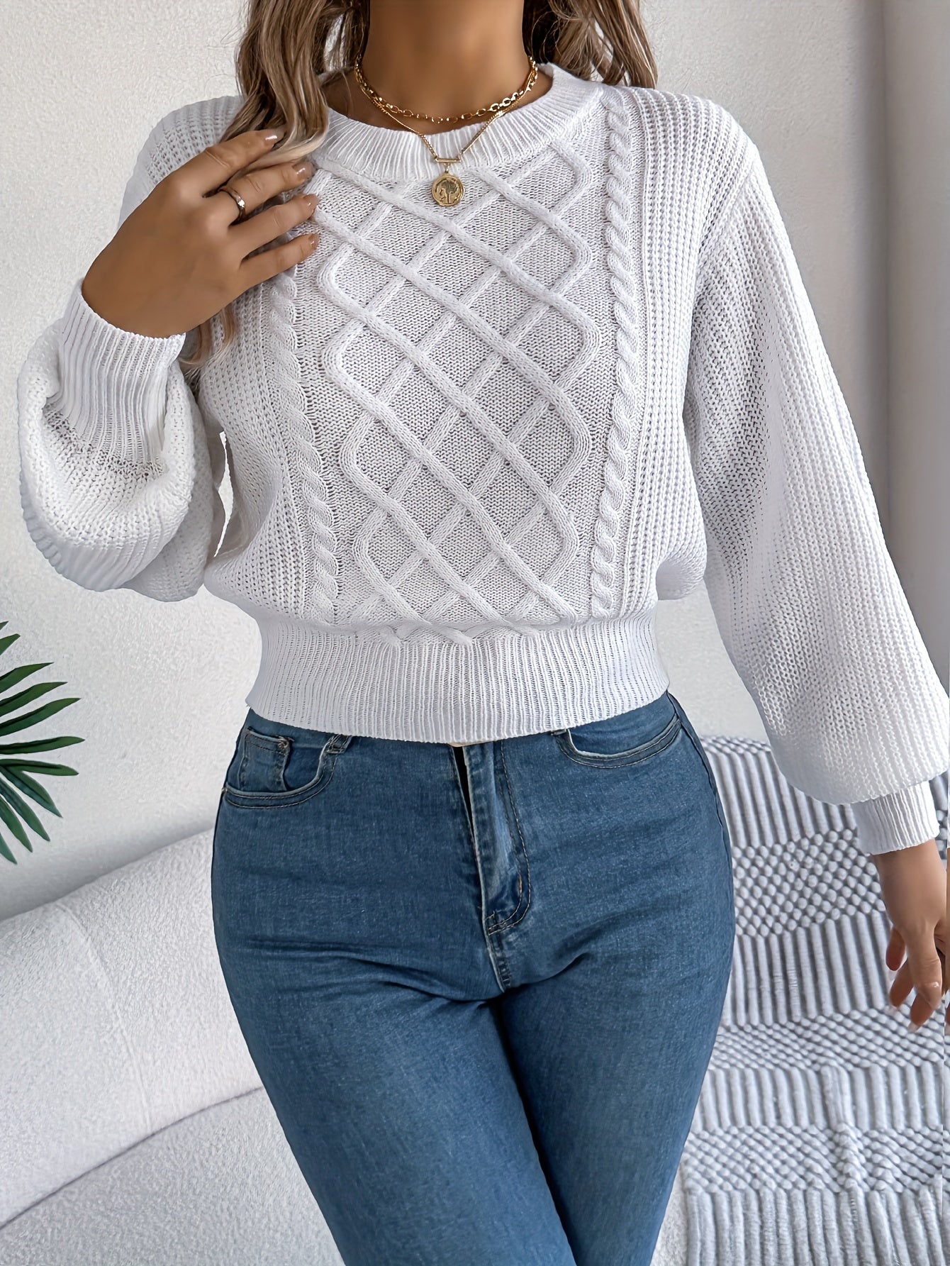 Elegant Solid Color Cable Knit Sweater for Women - Cozy Acrylic, Long Sleeve, Round Neck Pullover for Fall/Winter MyFave Boutique