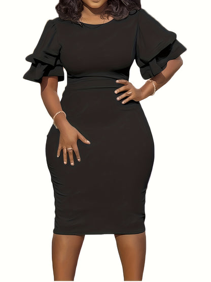 Women Elegant Midi Pencil Dress Ruffle Sleeve Round Neck Bodycon Cocktail Party Formal Dress MyFave Boutique