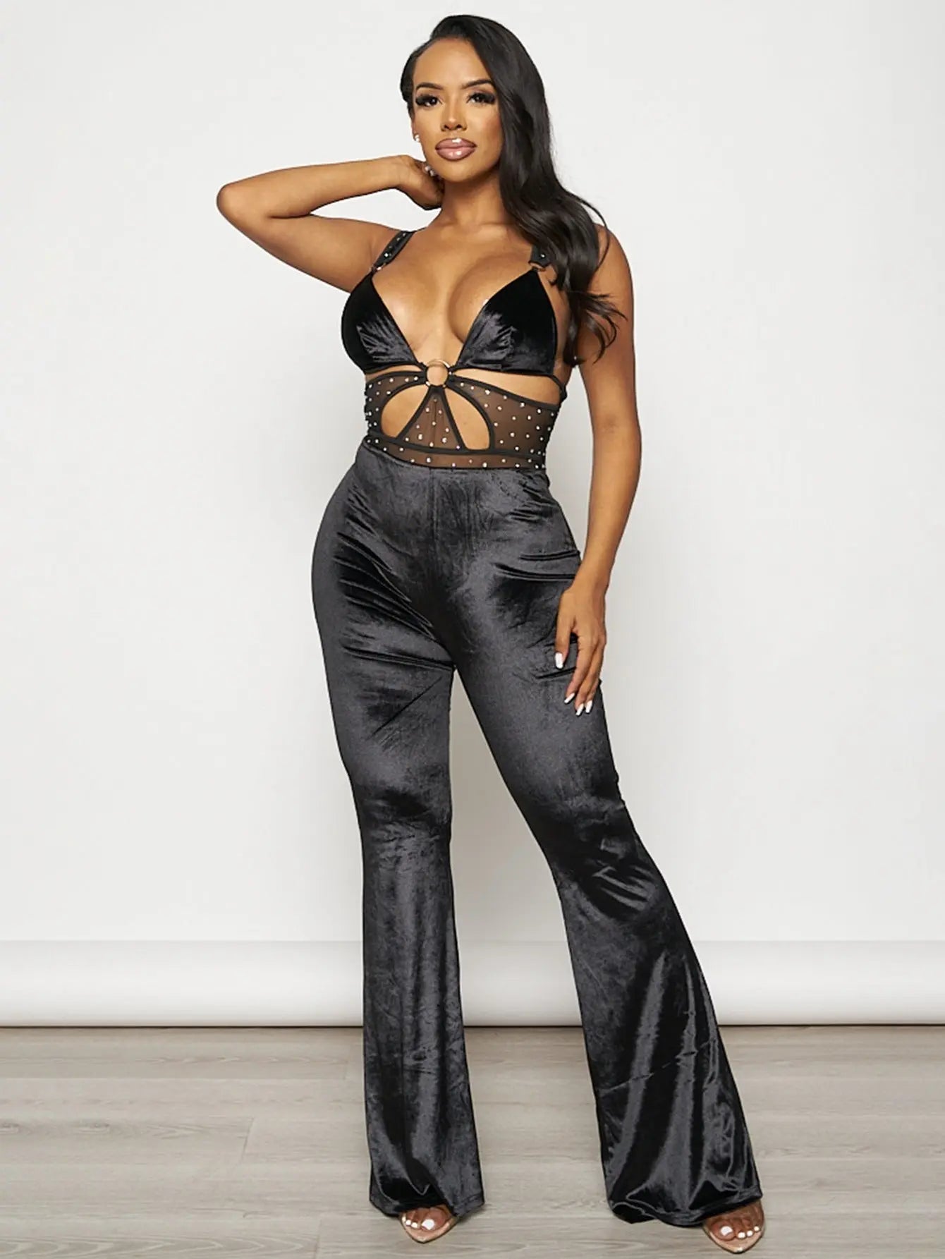 Glam Velvet Rhinestone Flare Jumpsuit - Luxe Night Out Outfit for Women MyFave Boutique