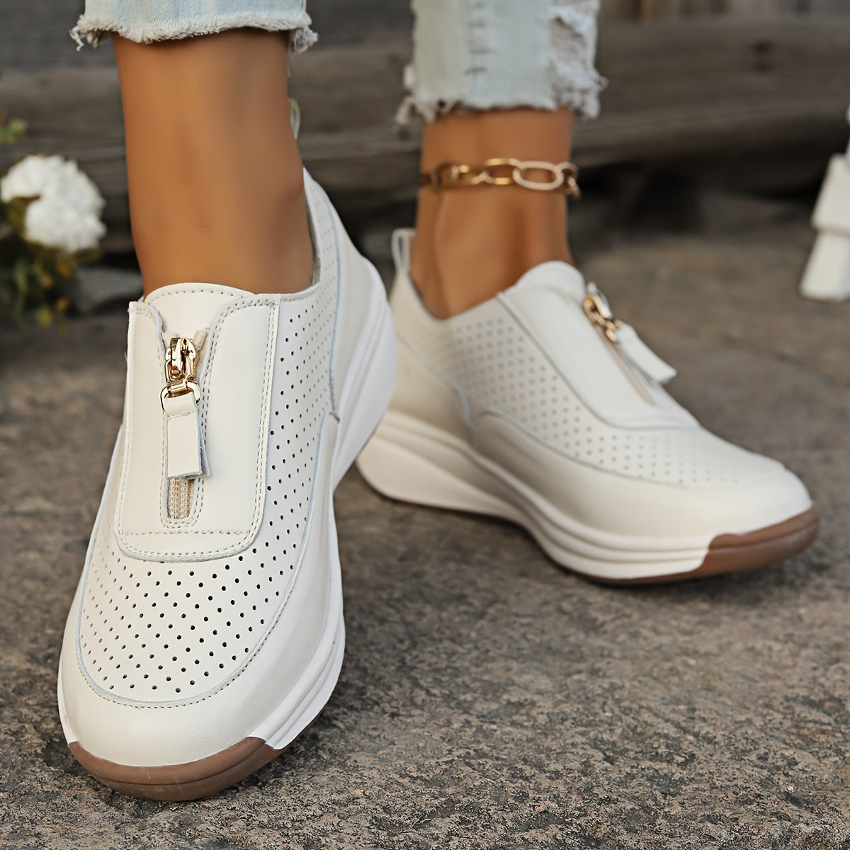 Women's Platform Sneakers with Zipper, Hollow Out Design, Casual Low Top Shoes for Outdoor Activities MyFave Boutique