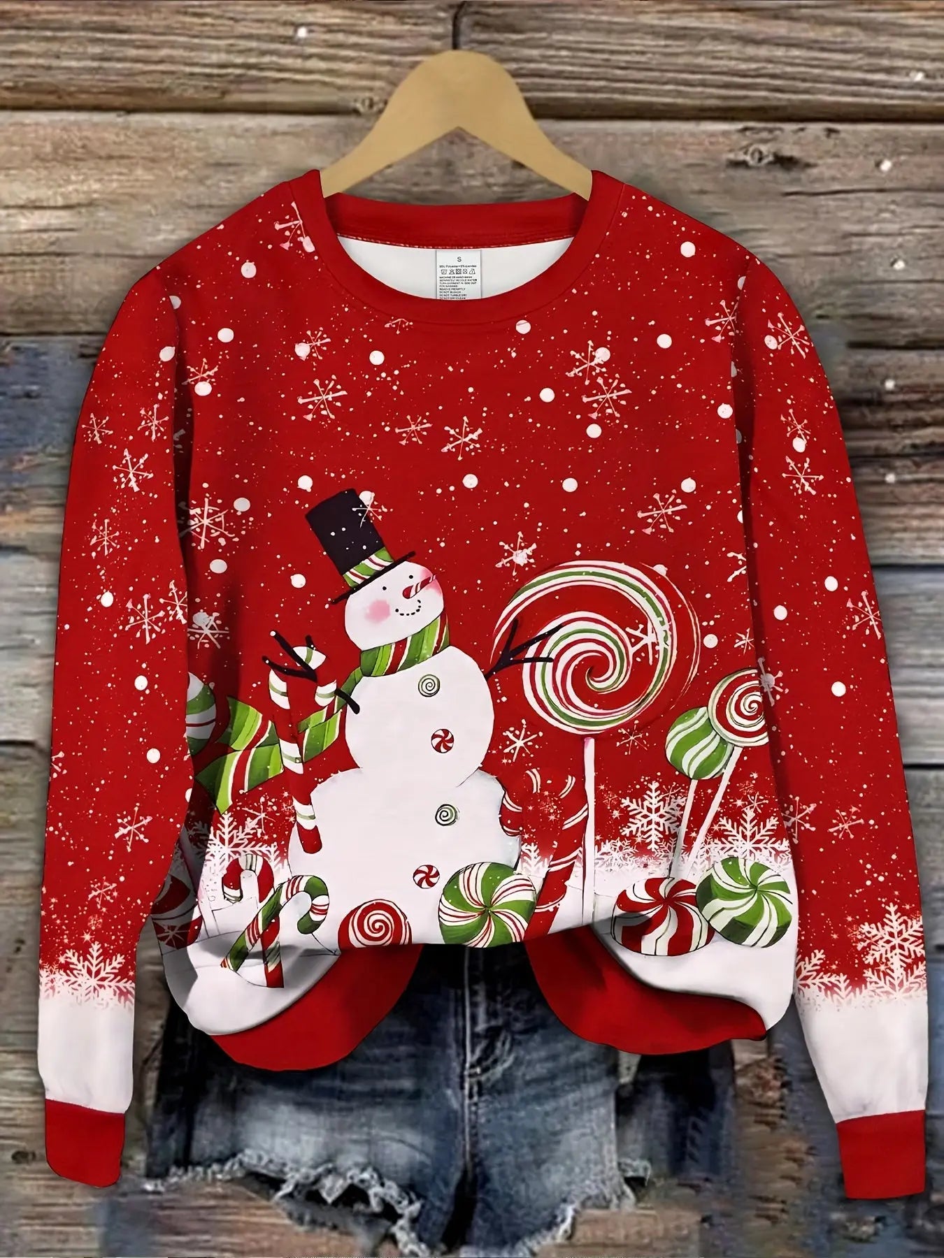 Women's Festive Snowman & Snowflake Print Crew Neck Sweatshirt - Casual Long Sleeve Pullover, Breathable Polyester Blend, Machine Washable, Stretch Fabric, Perfect Christmas Gift Idea MyFave Boutique