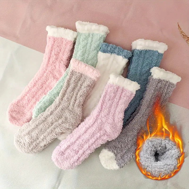 8 Pairs Thickened Coral Fleece Socks, Warm & Comfy Floor Mid Tube Socks For Fall & Winter, Women's Stockings & Hosiery MyFave Boutique