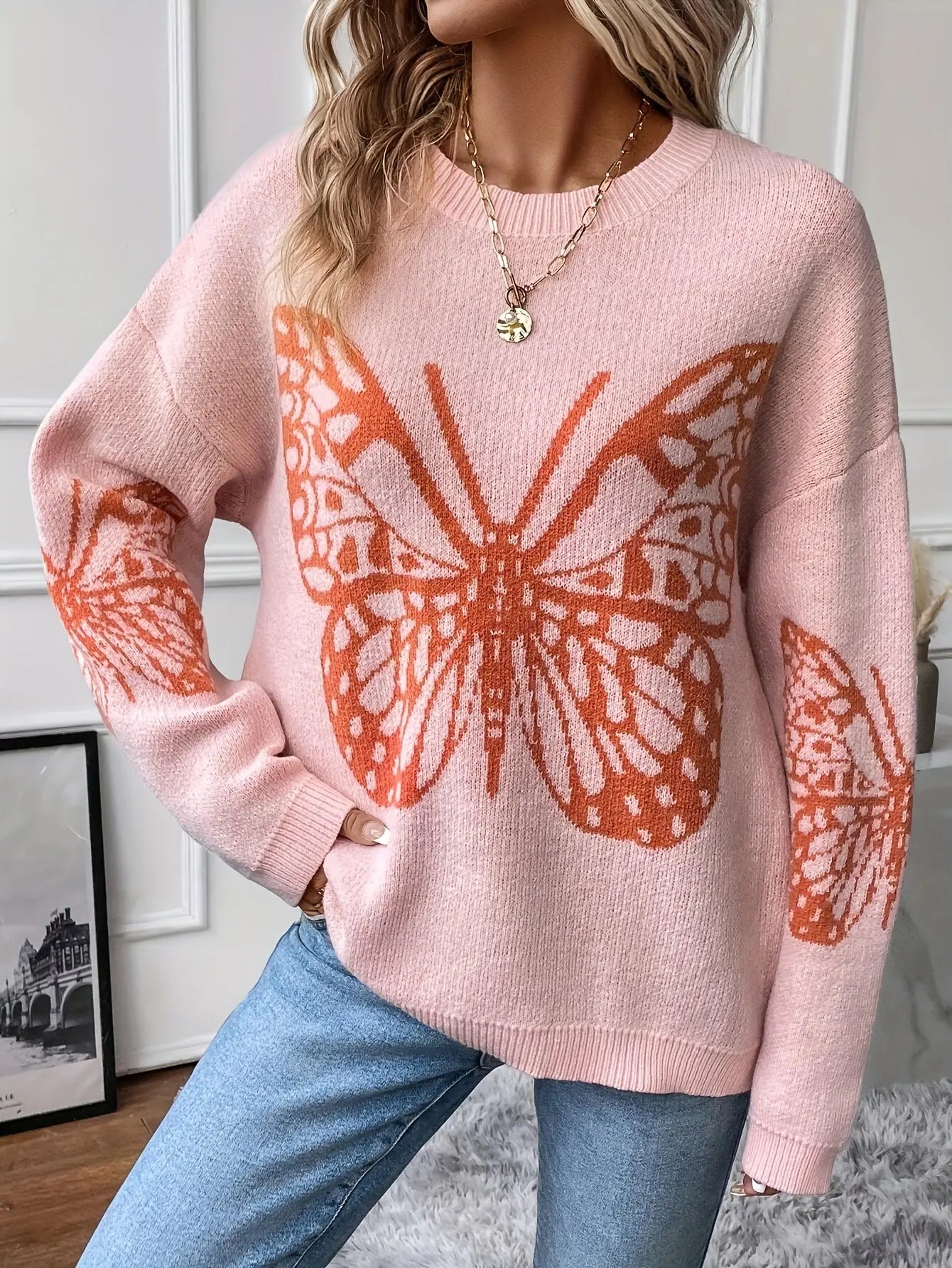 Elegant Butterfly Print Drop Shoulder Sweater for Women, Long Sleeve Fall Winter Cozy Knitwear MyFave Boutique