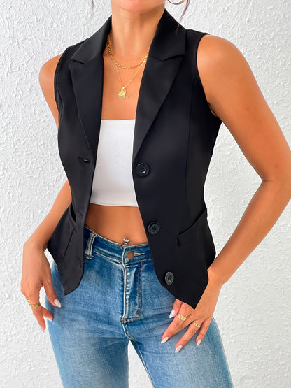 Notched Collar Button Front Vest, Elegant Solid Color Sleeveless Vest For Spring & Fall, Women's Clothing MyFave Boutique