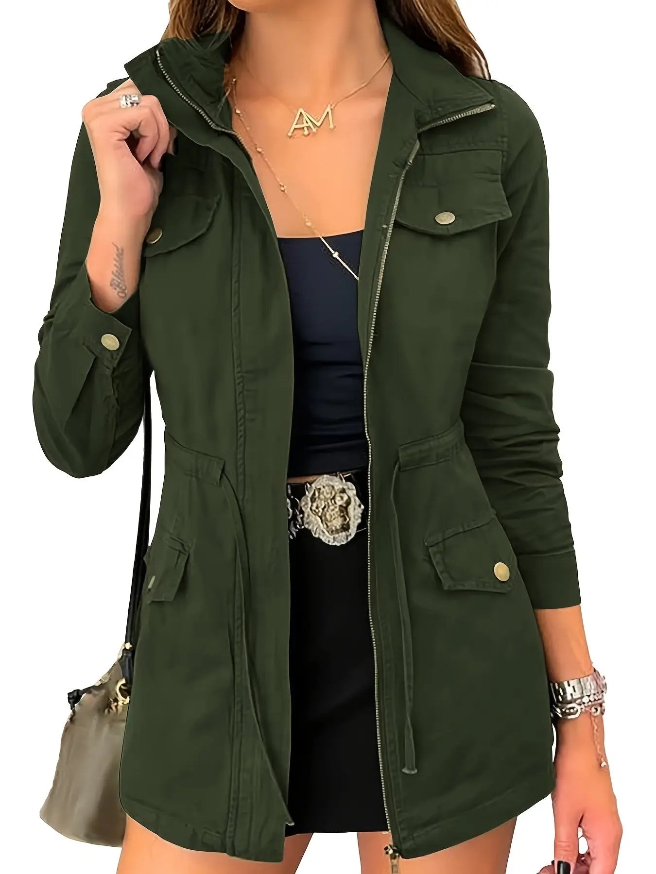 Women's Lightweight Military Jacket with Zip-Up, Drawstring, and Pockets MyFave Boutique