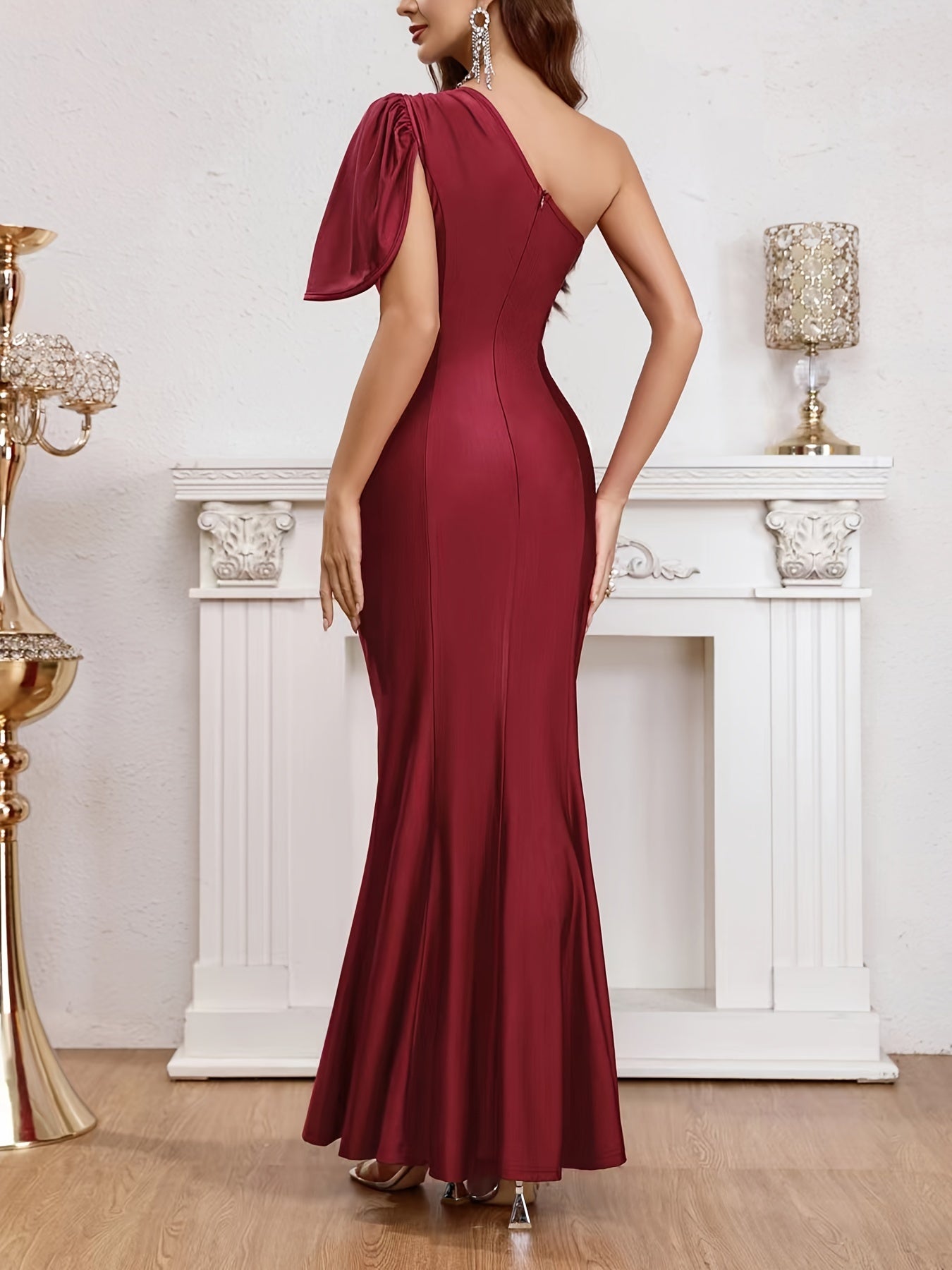 Solid One Shoulder Mermaid Hem Dress, Elegant Bodycon Dress For Banquet & Party, Women's Clothing MyFave Boutique