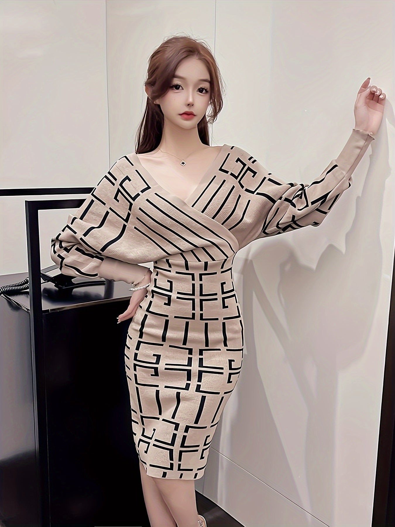 Greek Pattern Knit Pencil Dress, Elegant Long Batwing Sleeve Surplice Neck Slim Dress For Fall & Winter, Women's Clothing MyFave Boutique