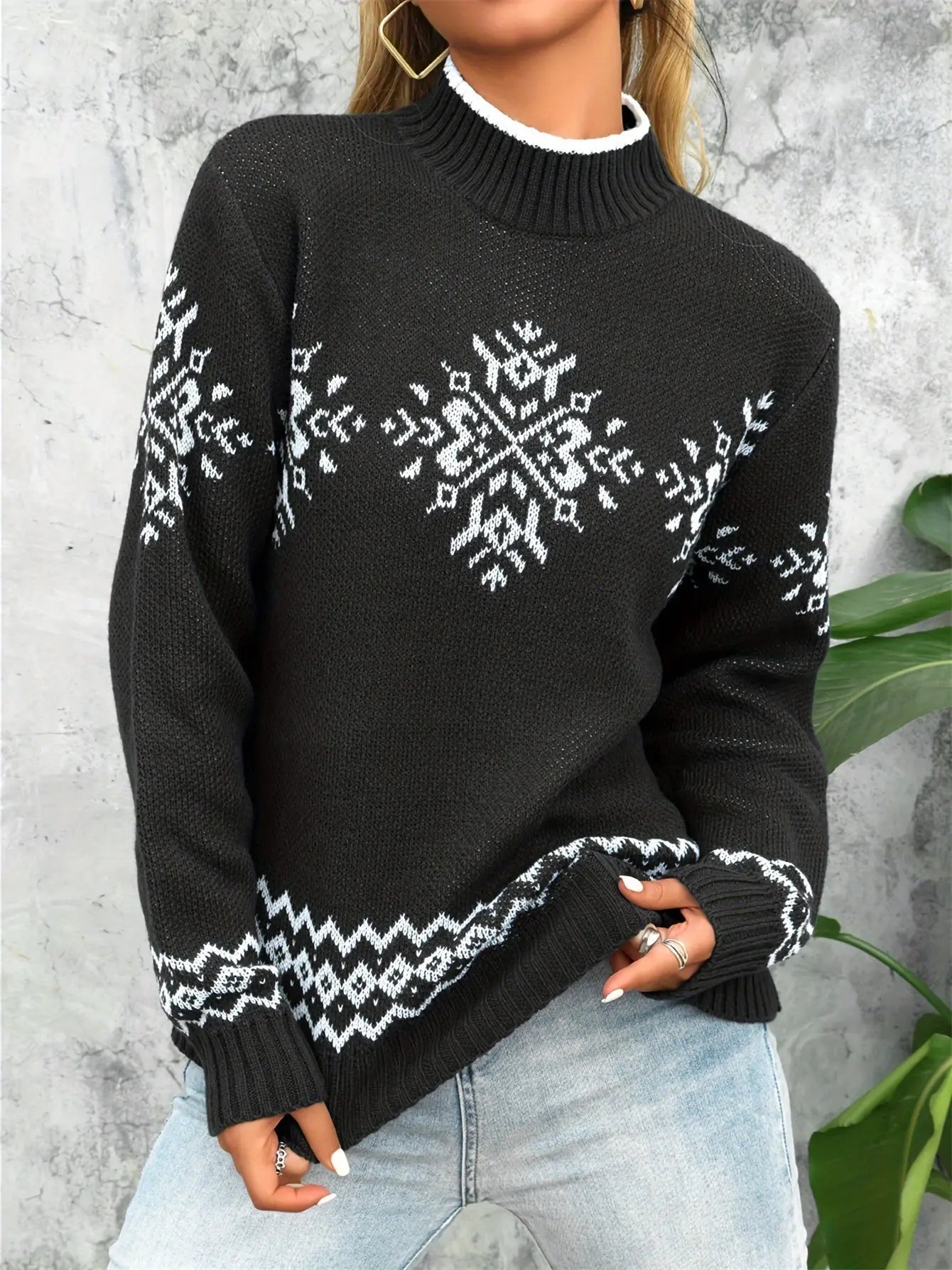 Christmas Tribal Pattern Mock Neck Sweater, Casual Long Sleeve Sweater For Fall & Winter, Women's Clothing MyFave Boutique