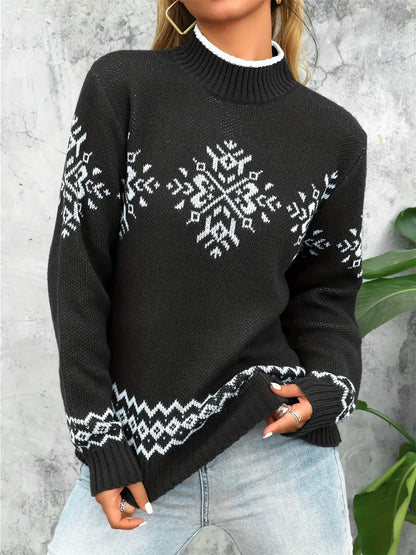 Christmas Tribal Pattern Mock Neck Sweater, Casual Long Sleeve Sweater For Fall & Winter, Women's Clothing MyFave Boutique