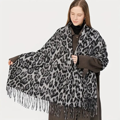 Mature Casual Leopard Tassel Scarf Stylish Imitation Cashmere Soft Warm Shawl Autumn Winter Elastic Coldproof Neck Scarf MyFave Boutique