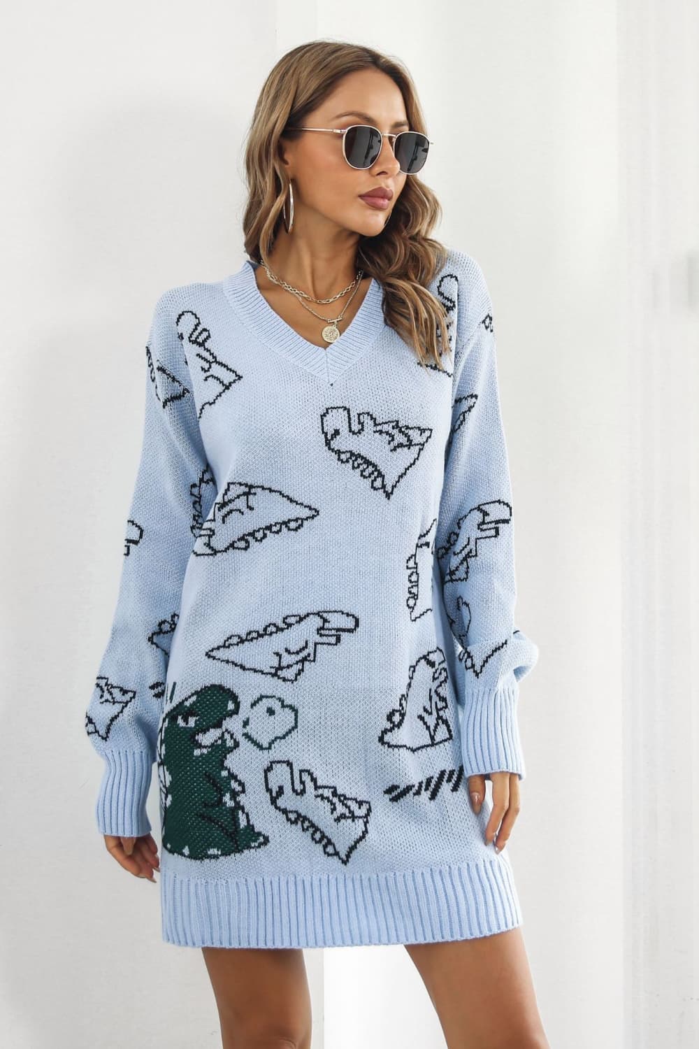 Dinosaur Pattern V-Neck Sweater Dress Trendsi