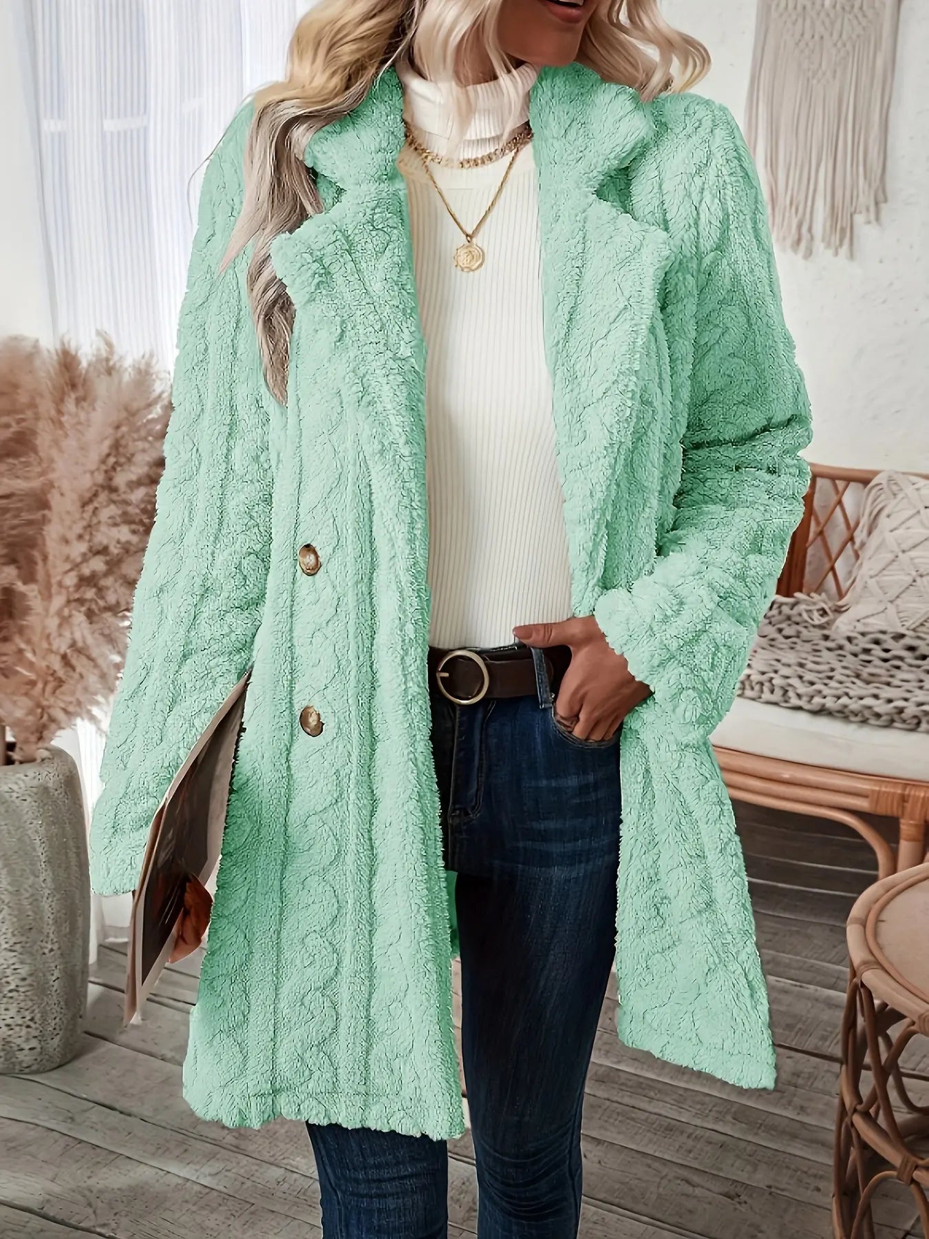 Double-Breasted Teddy Coat with Textured Sleeves, Women's Long Sleeve Winter Outwear MyFave Boutique