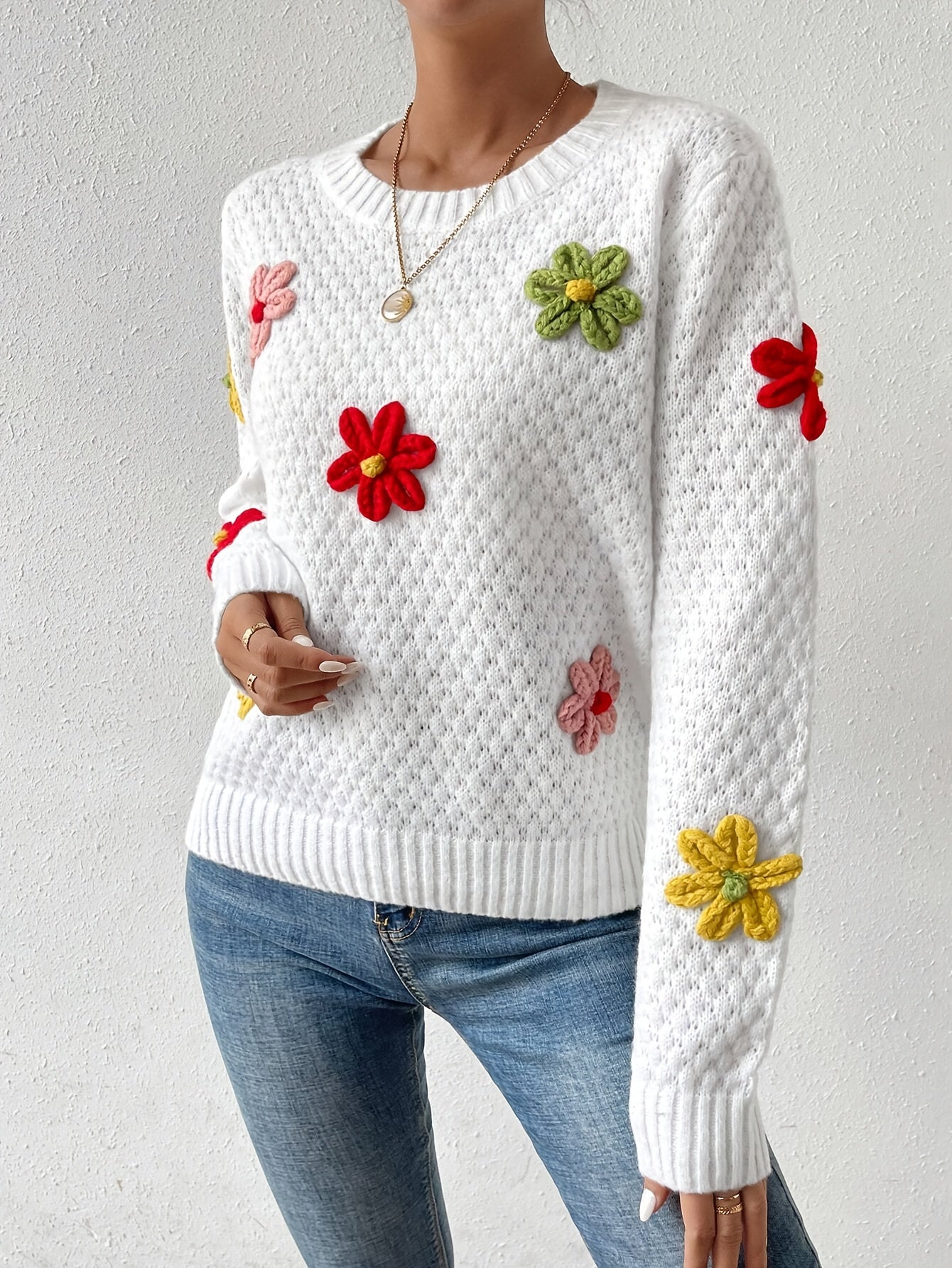 Floral Design Crew Neck Knitted Sweater, Casual Long Sleeve Drop Shoulder Pullover Sweater For Fall & Winter, Women's Clothing MyFave Boutique