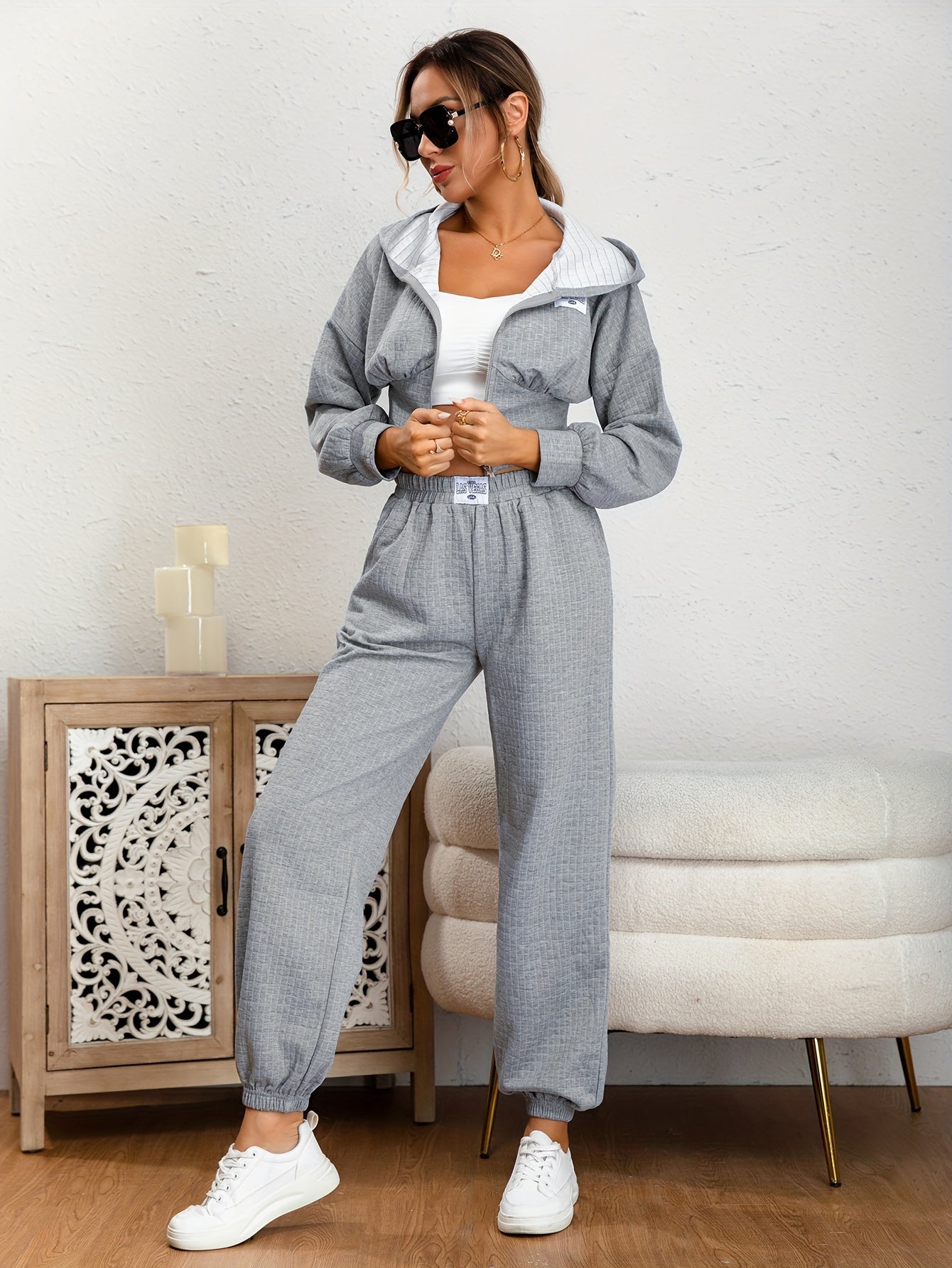 Solid Casual Two-piece Set, Zip Up Long Sleeve Hoodies & Elastic Waist Jogger Pants Outfits, Women's Clothing MyFave Boutique