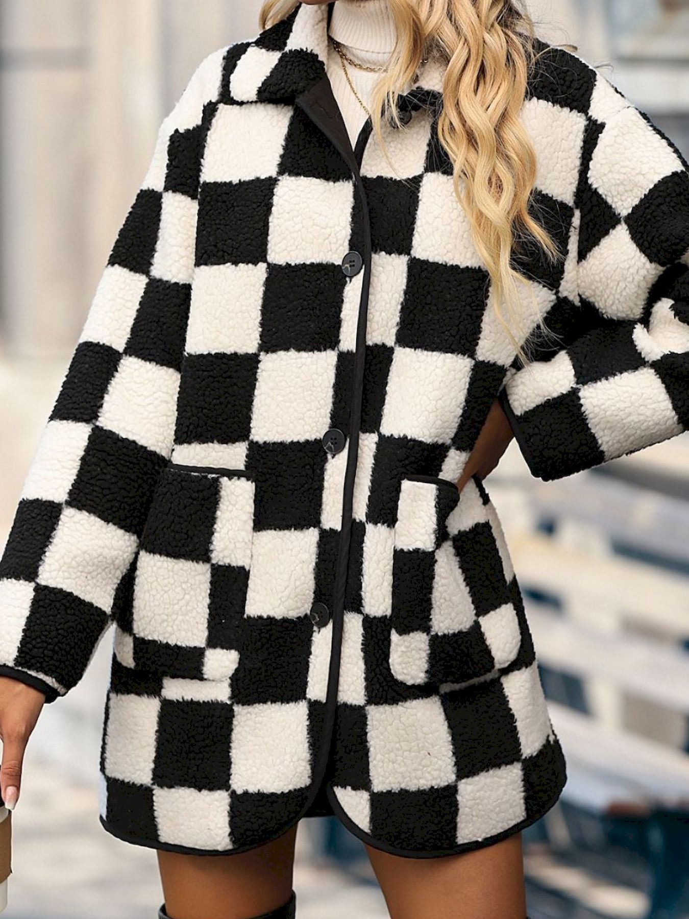 Full Size Checkered Button Front Coat with Pockets MyFave Boutique