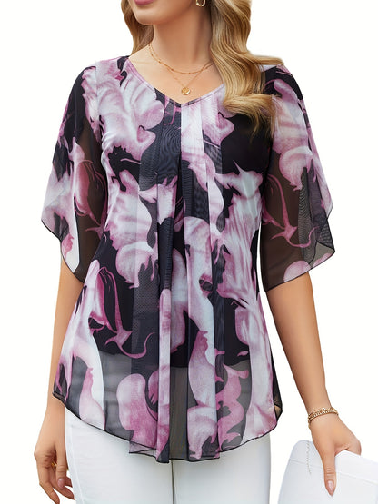 Random Print V Neck Pleated Blouse, Elegant Half Sleeve Loose Daily Wear Blouse, Women's Clothing MyFave Boutique