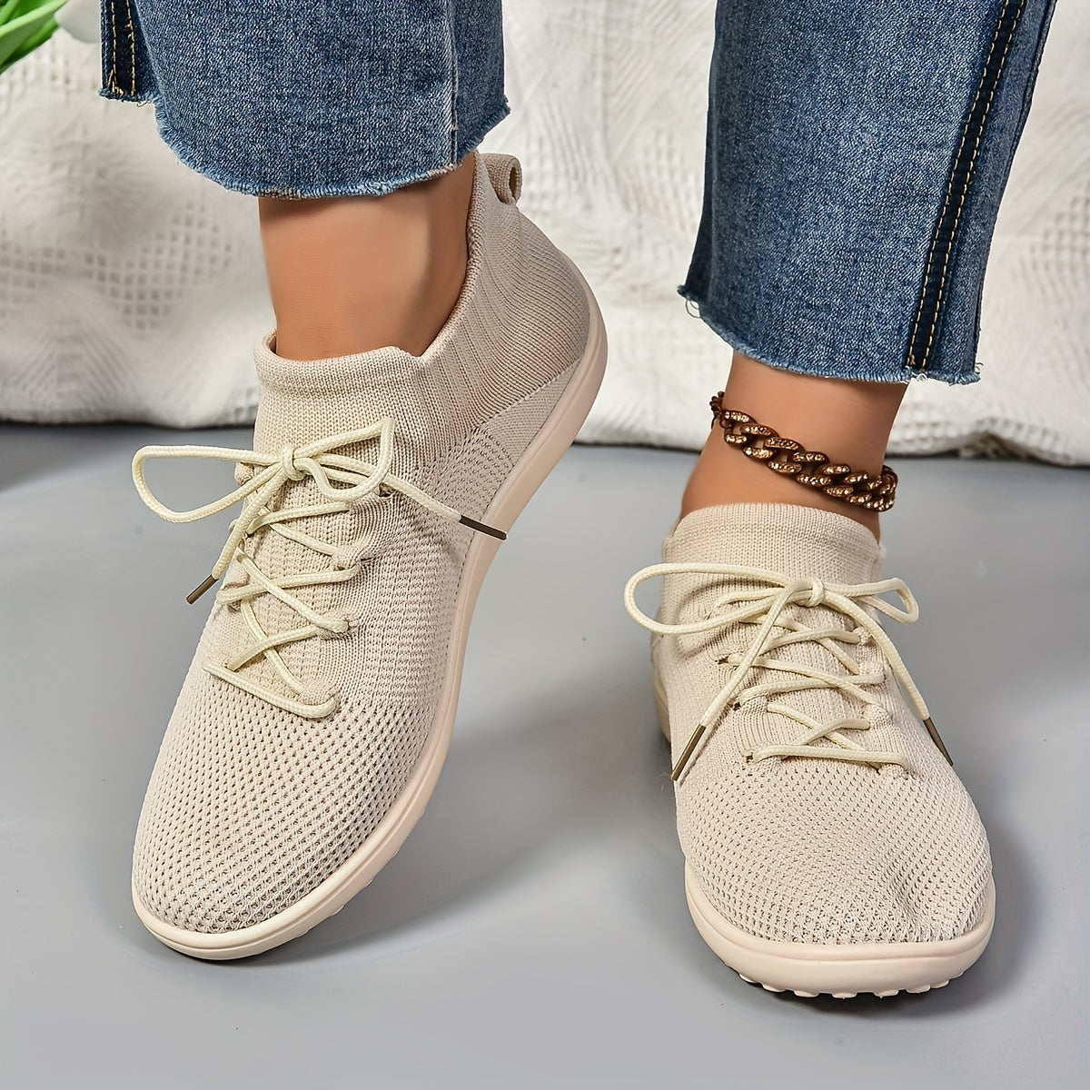 Women's Breathable Knit Sneakers - Comfortable Slip-On Sneakers with Lace-Up Design, EVA Sole for All Seasons MyFave Boutique