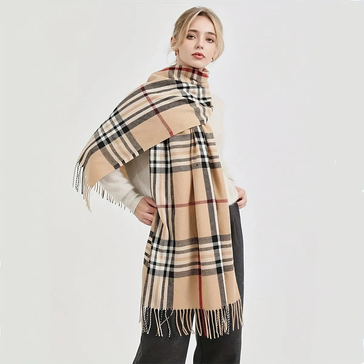 Chic Plaid Fringe Winter Scarf for Women - Super Soft, Cashmere-Feel Polyester, Warm & Windproof MyFave Boutique