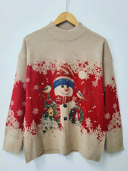 Snowman Pattern Crew Neck Sweater, Casual Long Sleeve Sweater For Fall & Winter, Women's Clothing MyFave Boutique