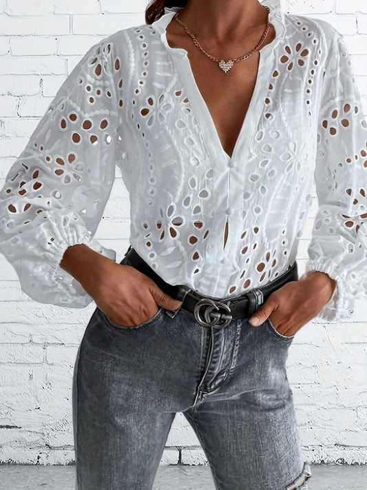 Button Notch Neck Eyelet Blouse, Casual Long Sleeve Blouse For Spring & Fall, Women's Clothing MyFave Boutique