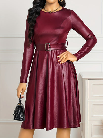 Women's Casual Long Sleeve Dress with Belted Waist and PU Leather Detailing MyFave Boutique