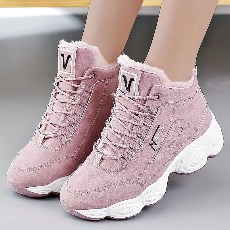 Women's Solid Color Fluffy Sneakers, Lace Up Soft Sole Platform Warm Lined Walking Shoes, High-top Plush Wear-resistant Shoes MyFave Boutique