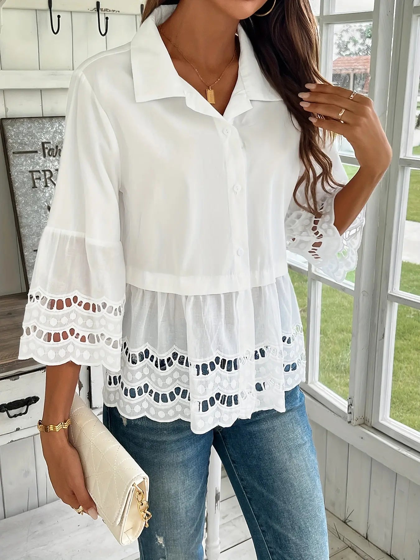 Eyelet Embroidered Button Front Blouse, Casual Three-quarter Sleeve Blouse For Spring & Summer, Women's Clothing MyFave Boutique