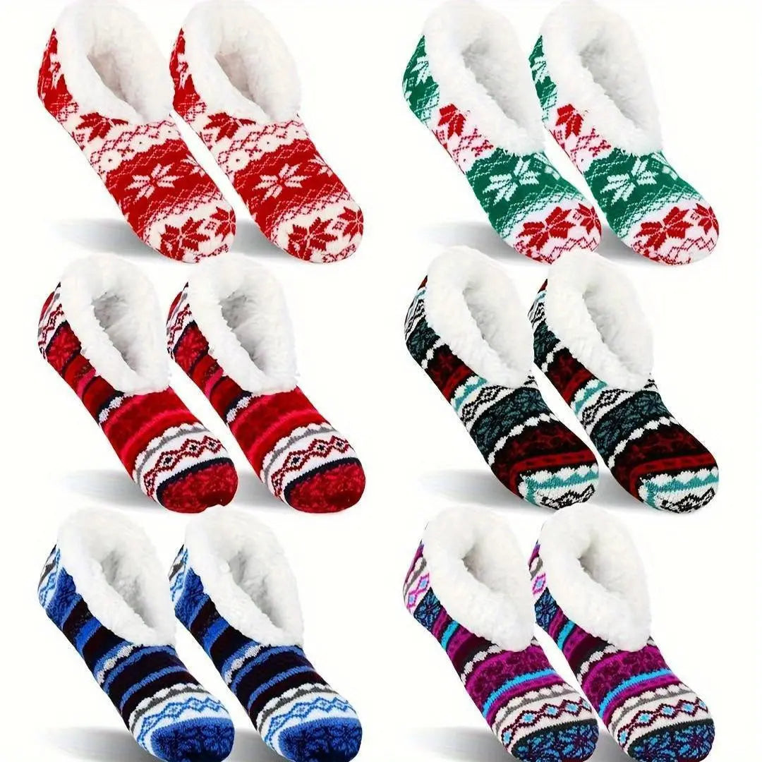 Cozy Christmas-Themed Women's Slipper Socks - 1 Pair, Warm & Soft Cotton Blend, Non-Slip Winter Indoor Slippers with Festive Patterns, Perfect for Home Comfort MyFave Boutique