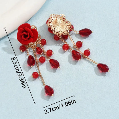 Boho Elegant Red Rose Drop & Dangle Earrings with Crystal Teardrops for Women - Alloy Ear Needle, Non-Plated, Suitable for Daily Wear & Music Festivals - Pair MyFave Boutique