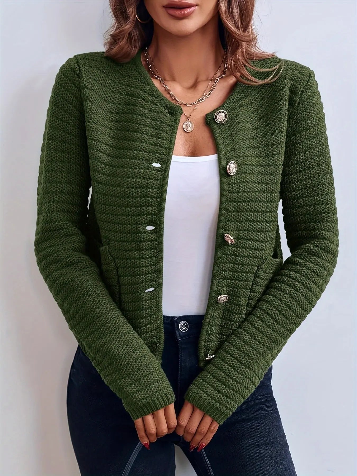 Women's Solid Color Button Front Cardigan with Side Pockets - Elegant Crew Neck Knitwear for Winter & Fall MyFave Boutique