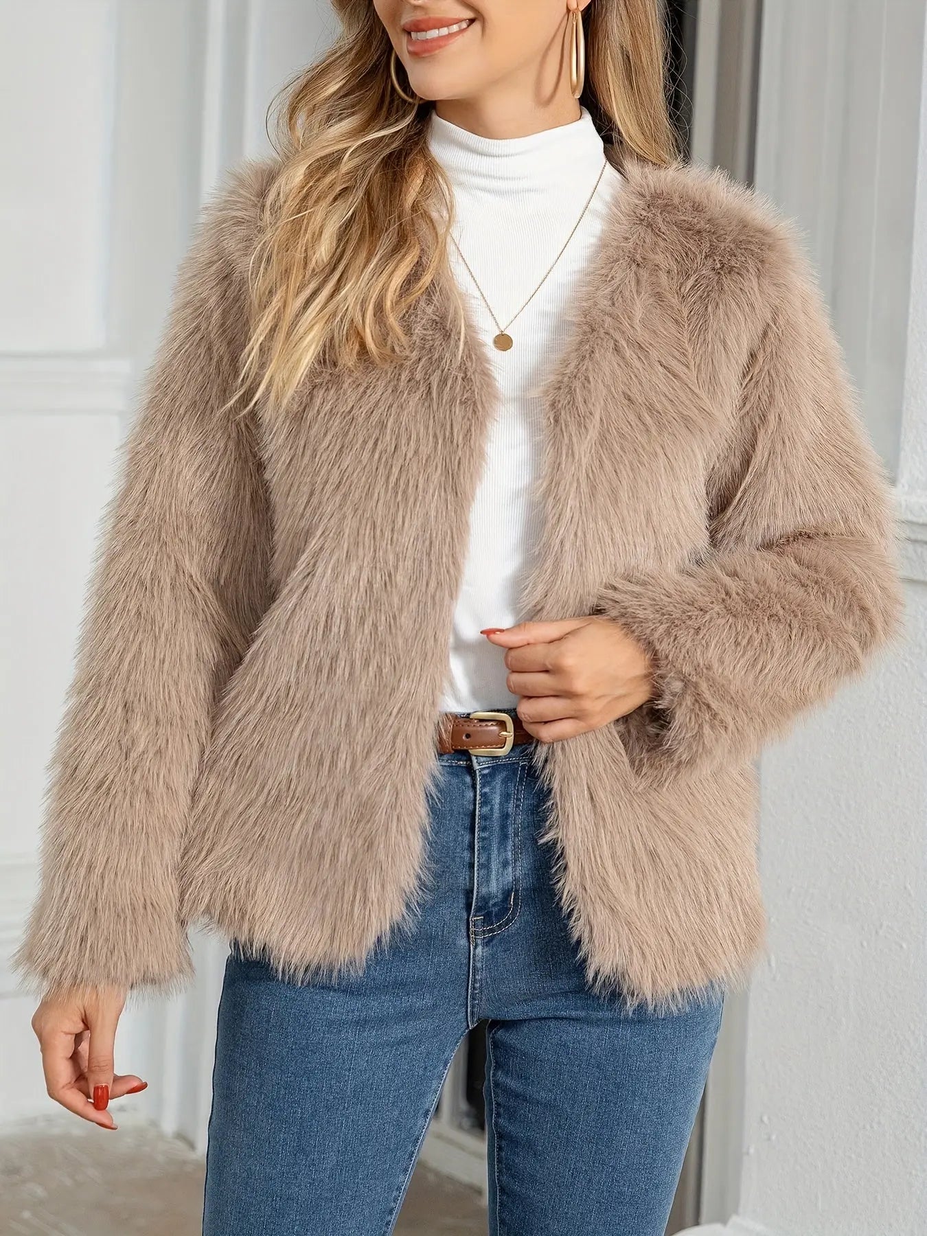 Solid Open Front Furry Cost, Elegant Long Sleeve Coat For Winter, Women's Clothing MyFave Boutique