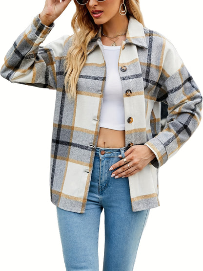 Women's Fall Color Block Plaid Flannel Shacket Jacket Button Down Shirt Coat Tops MyFave Boutique