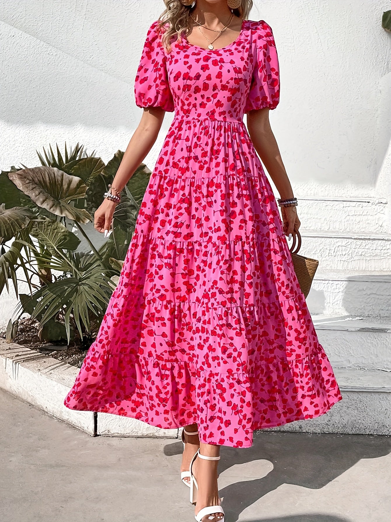 Floral Print Crew Neck Dress, Elegant Puff Sleeve Tiered Hem A-line Flowy Dress For Spring & Summer, Women's Clothing MyFave Boutique