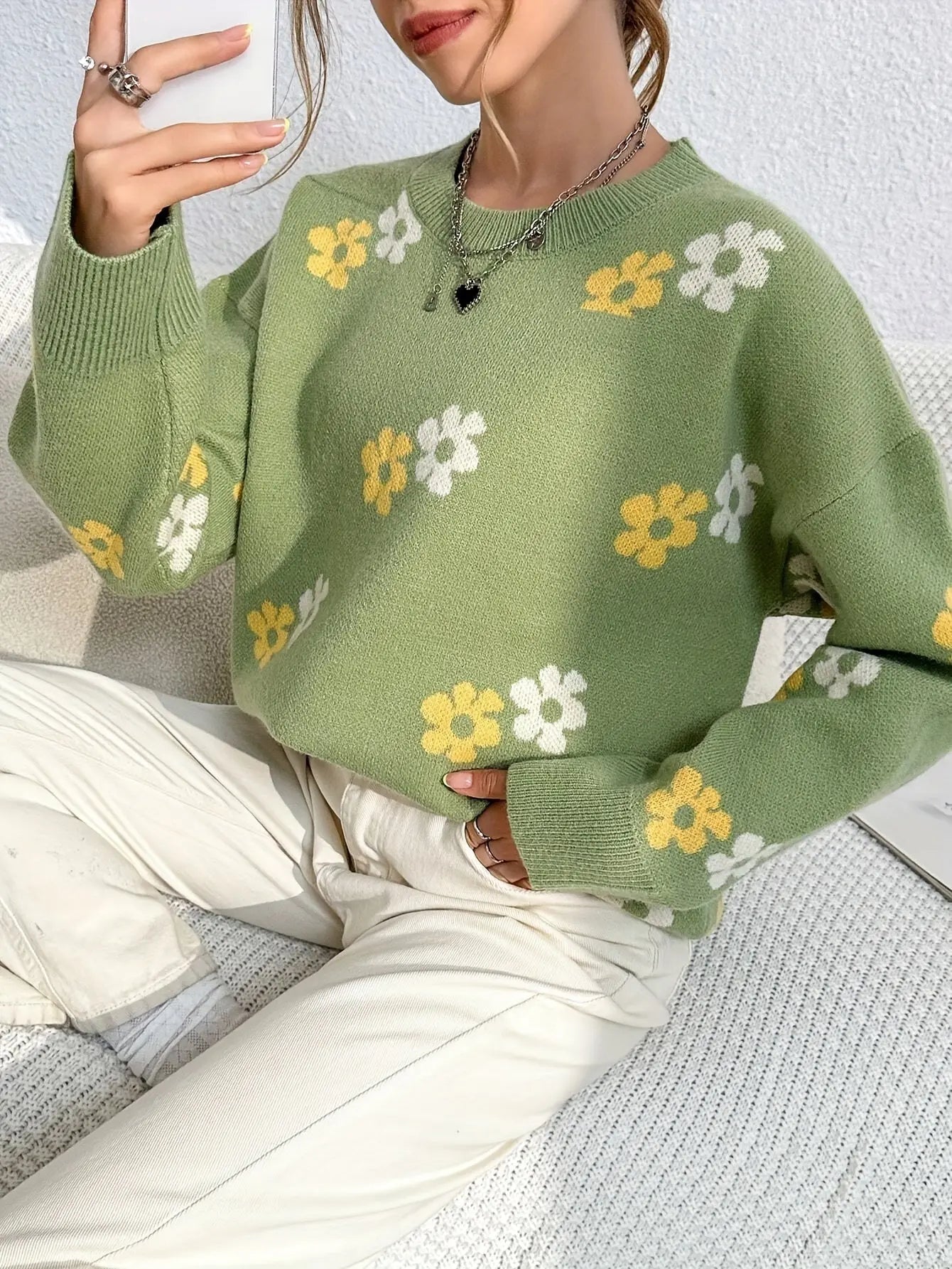 Floral Pattern Crew Neck Knitted Sweater, Casual Long Sleeve Pullover Sweater For Fall & Winter, Women's Clothing MyFave Boutique