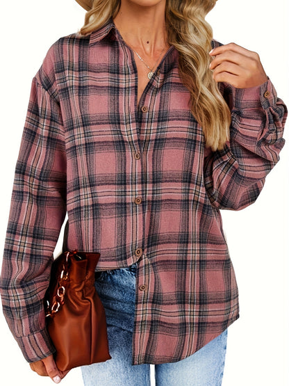 Women's Long Sleeve Plaid Shirt Flannel Collared Button-Up Jacket Casual Rolled Hem Boyfriend Shirt Tops MyFave Boutique