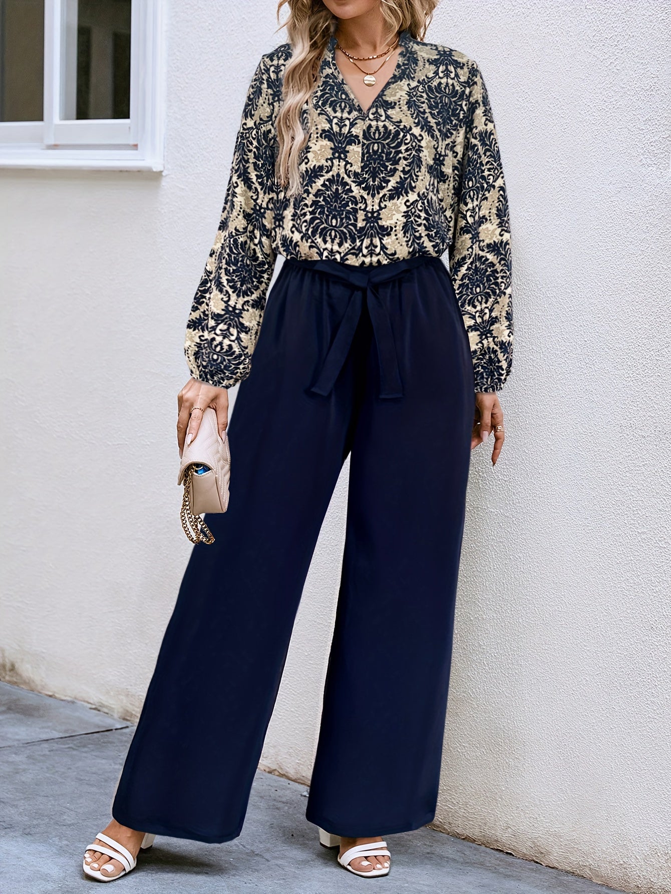 Elegant Two-Piece Pantsuit, Notched Neck Blouse with Long Sleeves & Wide Leg Loose Solid Pants, Women's Clothing Set MyFave Boutique